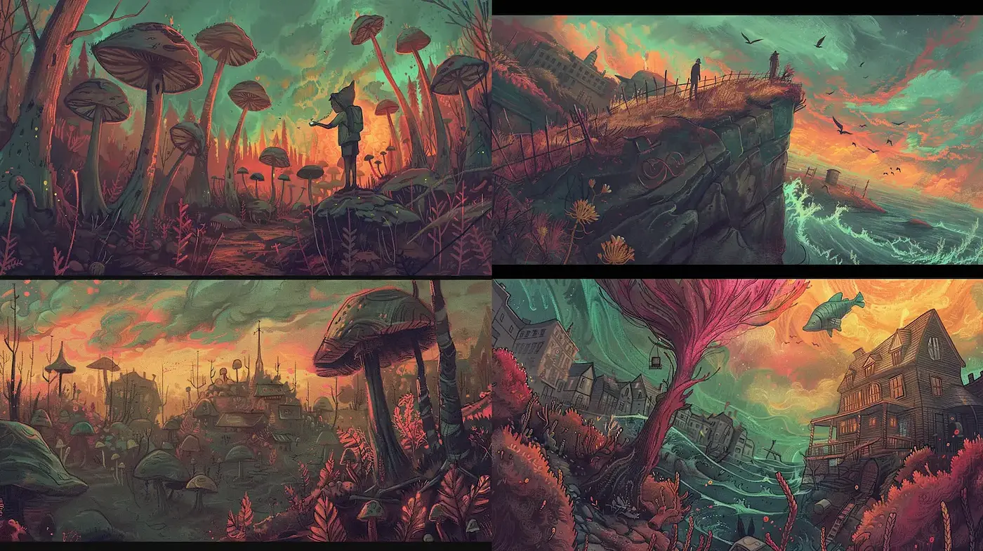 Ethereal Landscape with Surreal Elements and Vivid Lighting - Midjourney sref style