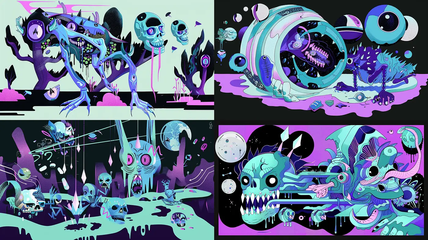 Spectral Whimsy: A Psychedelic Dive into Cartoonish Nightmares - Midjourney sref style