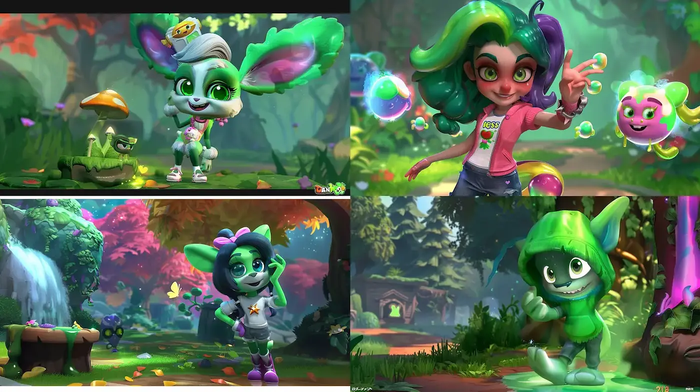 Whimsical Forest Creatures in a Vibrant Fantasy Landscape - Midjourney sref style