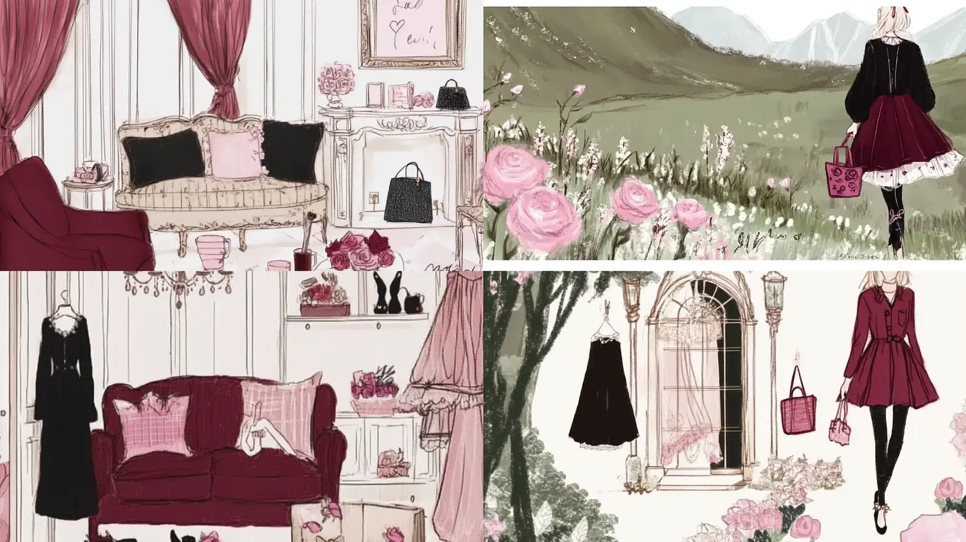 Elegant Whimsy in Rose and Charcoal: A Study in Contrast and Feminine Aesthetics - Midjourney sref style