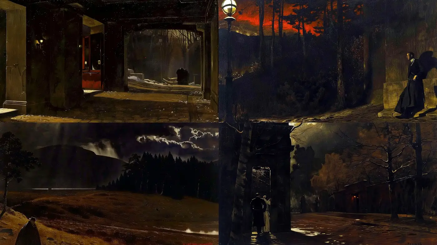 Nocturnal Serenity in Luminous Darkness - Midjourney sref style