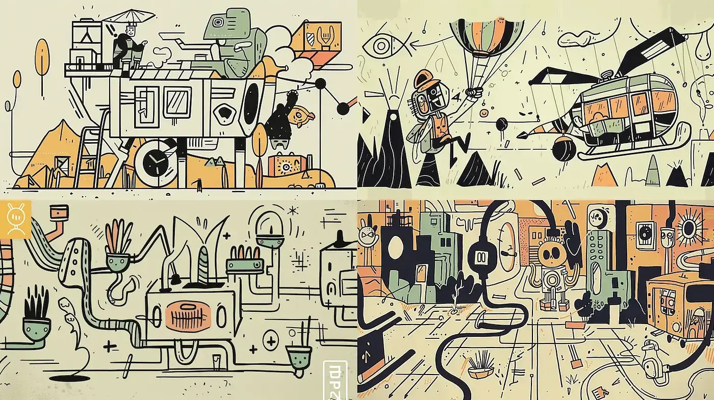 Playful Retro Futurism with Whimsical Characters and Minimalist Landscapes - Midjourney sref style