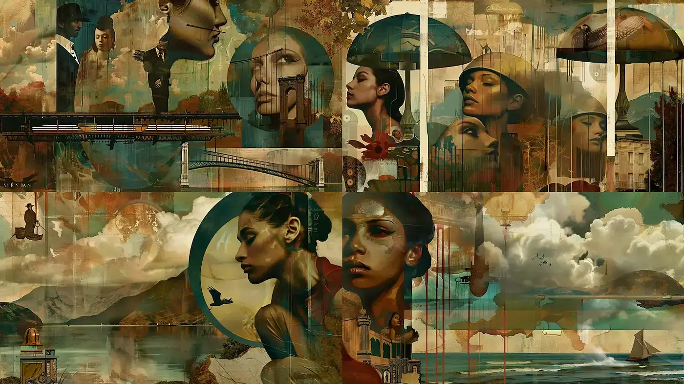Ethereal Montage with Dreamlike Symbolism and Rich Textures - Midjourney sref style