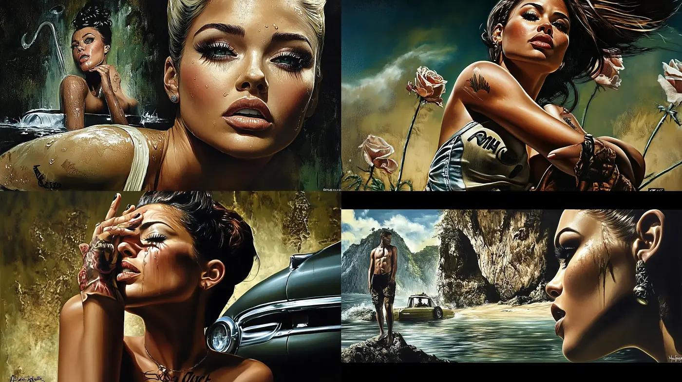 Gleaming Retro Reflexions: A Dive into Noir Elegance and Poise - Midjourney sref style