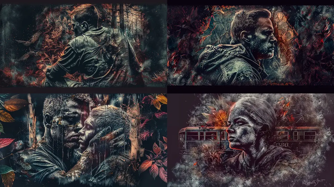 Dramatic, textured portraiture with a cinematic narrative quality - Midjourney sref style