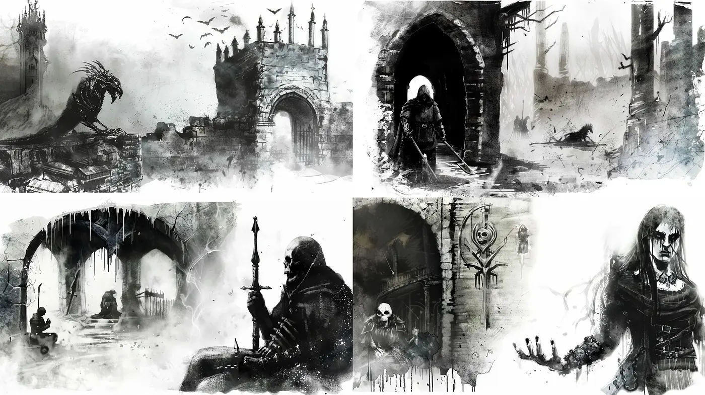 Monochromatic Ethereal Phantasmagoria: A Consistent Vision Through Shadows and Light - Midjourney sref style