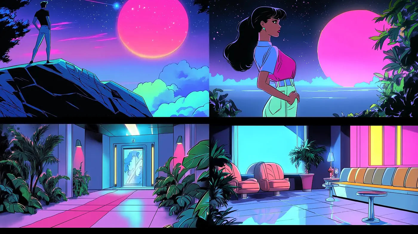 Neon Dusk: A Synthwave Reverie in Pink and Blue Hues - Midjourney sref style