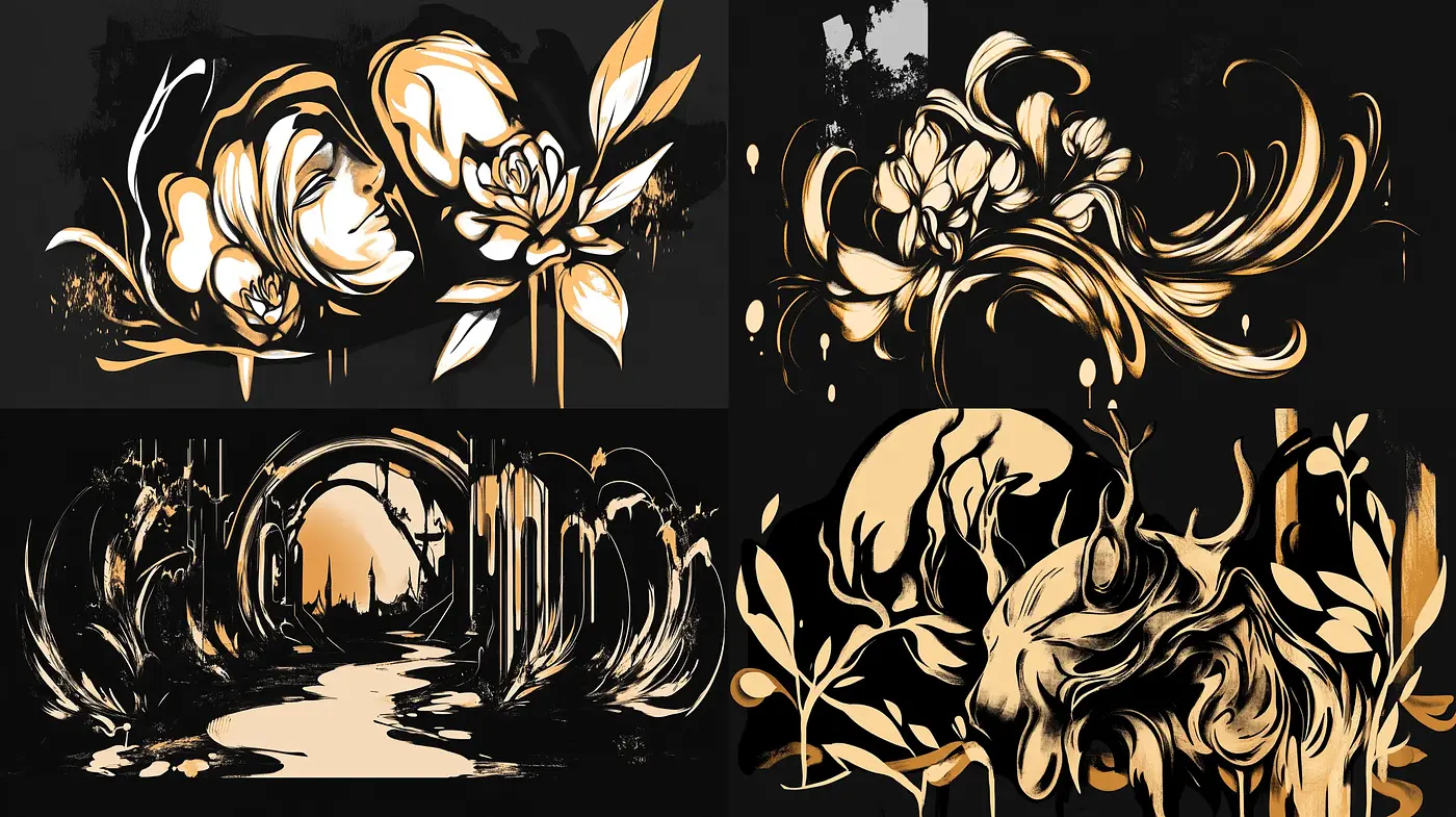 Golden Accents in Monochromatic Fluidity - Midjourney sref style