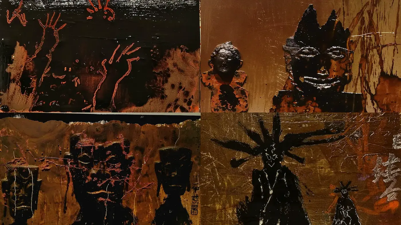 Dark and Textured Abstraction with Expressions of Shadowy Figures - Midjourney sref style