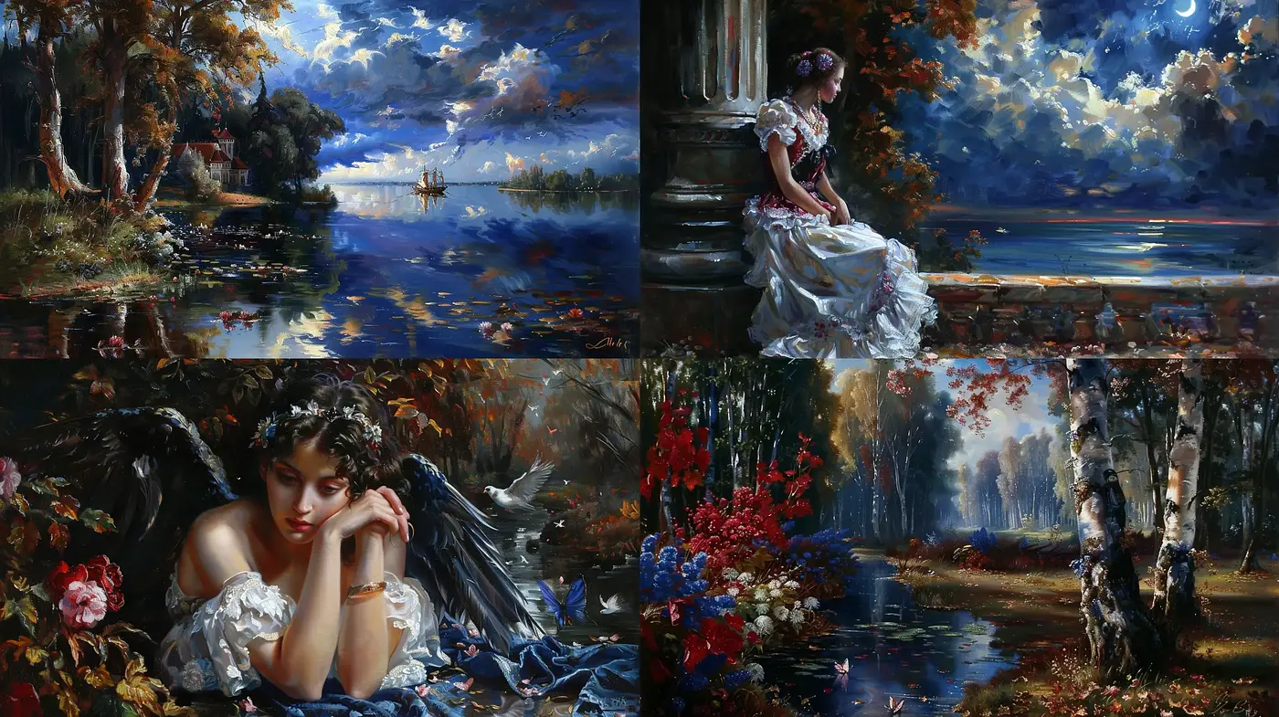 Enchanted Twilight Reverie: A Romanticized Classical Oil Painting Series - Midjourney sref style