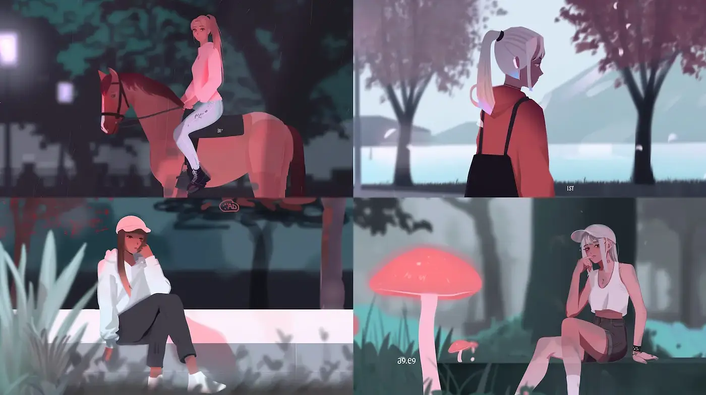 Stylized and Serene Character Illustrations with Nature Elements - Midjourney sref style