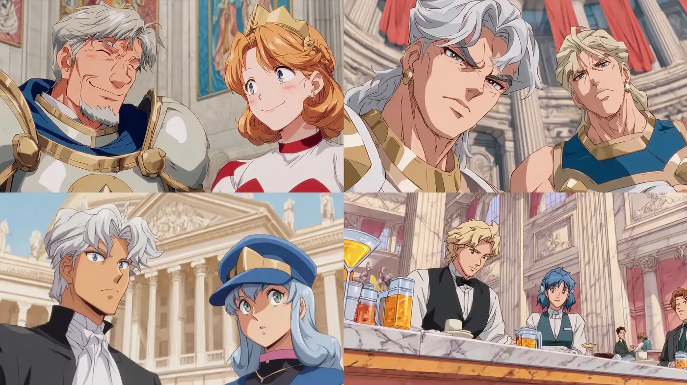 Dramatic and Vibrant Anime-Inspired Aesthetic with Regal Elements - Midjourney sref style