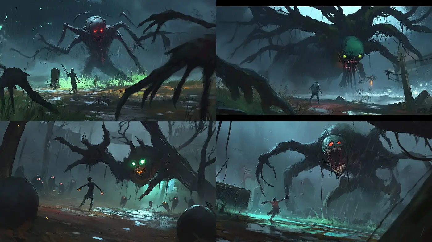 Eerie Twilight: The Haunting Dance of Sinister Arachnids - Midjourney sref style