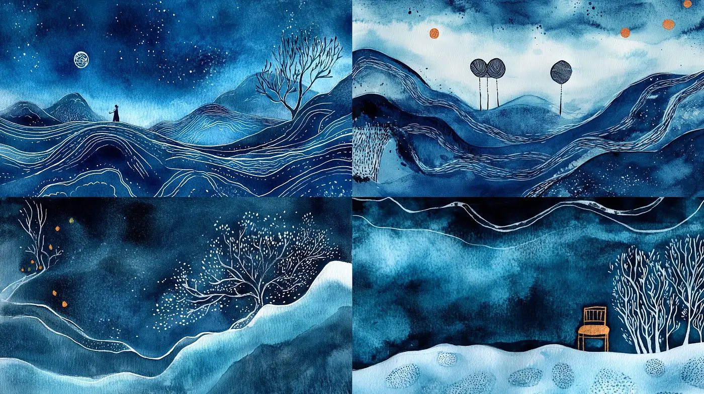 Serenity in Sapphire Hues: A Dreamlike Study of Deep Blues - Midjourney sref style