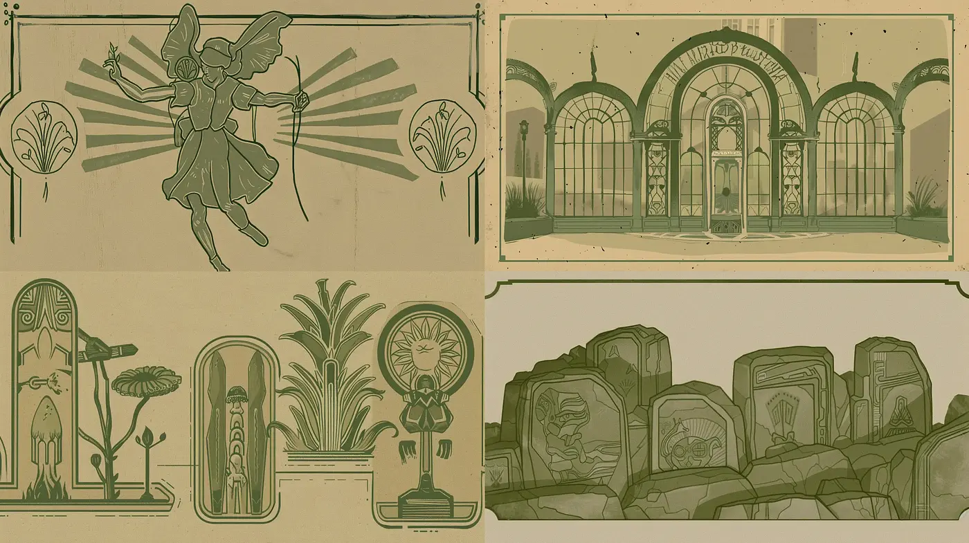 Monochromatic Sepia-Toned Art Deco Revival - Midjourney sref style