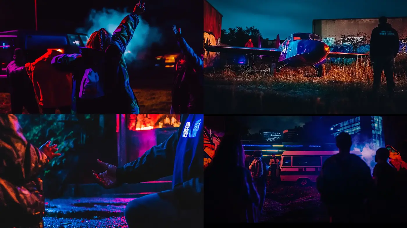 Nocturnal Hues: A Cinematic Exploration in Sapphire and Crimson - Midjourney sref style