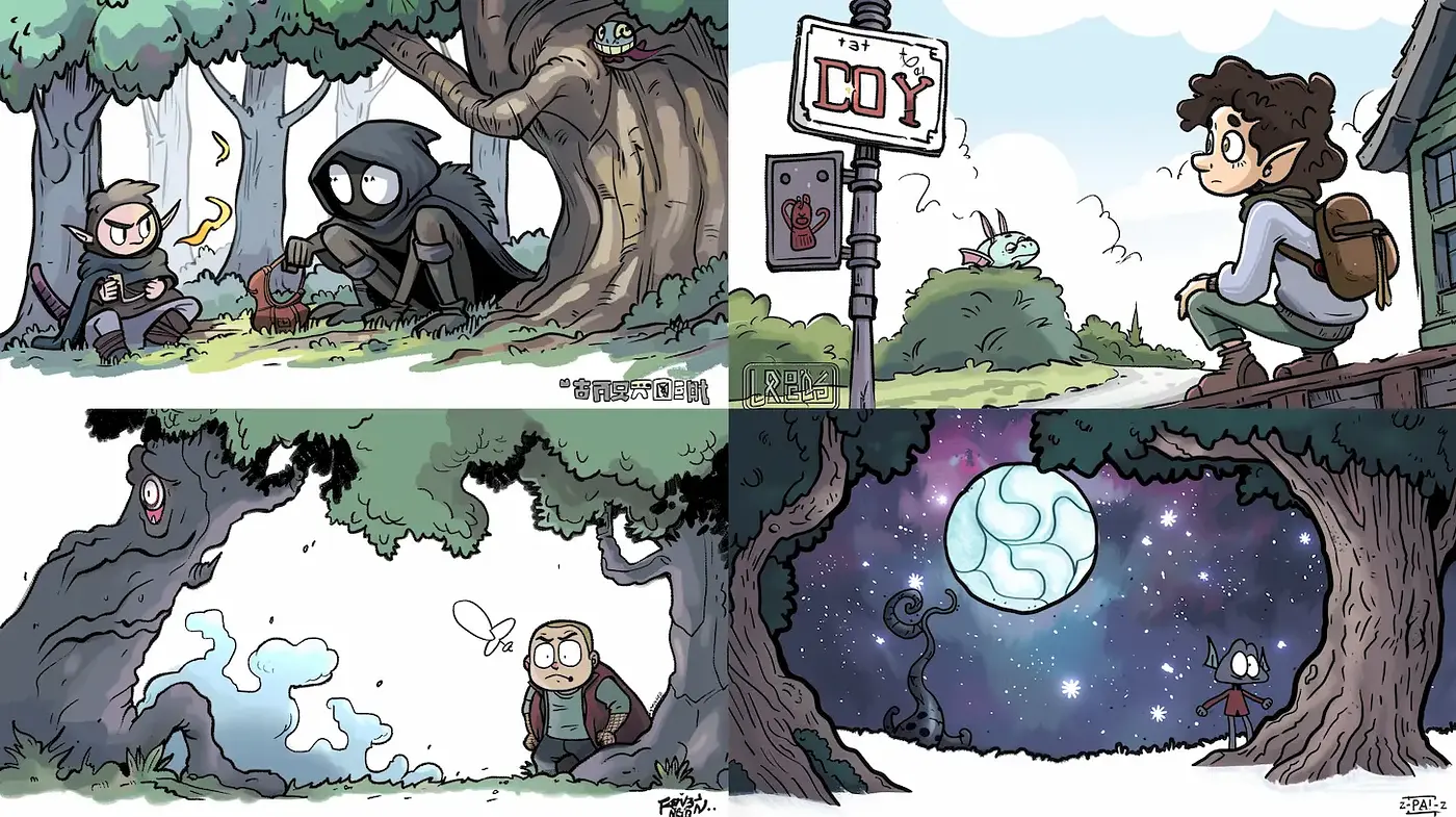 Whimsical cartoonish storytelling with enchanting elements - Midjourney sref style