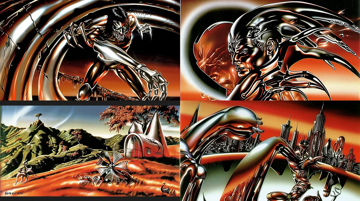 Futuristic Metallic Sheen with Surreal Overtones - Midjourney sref style