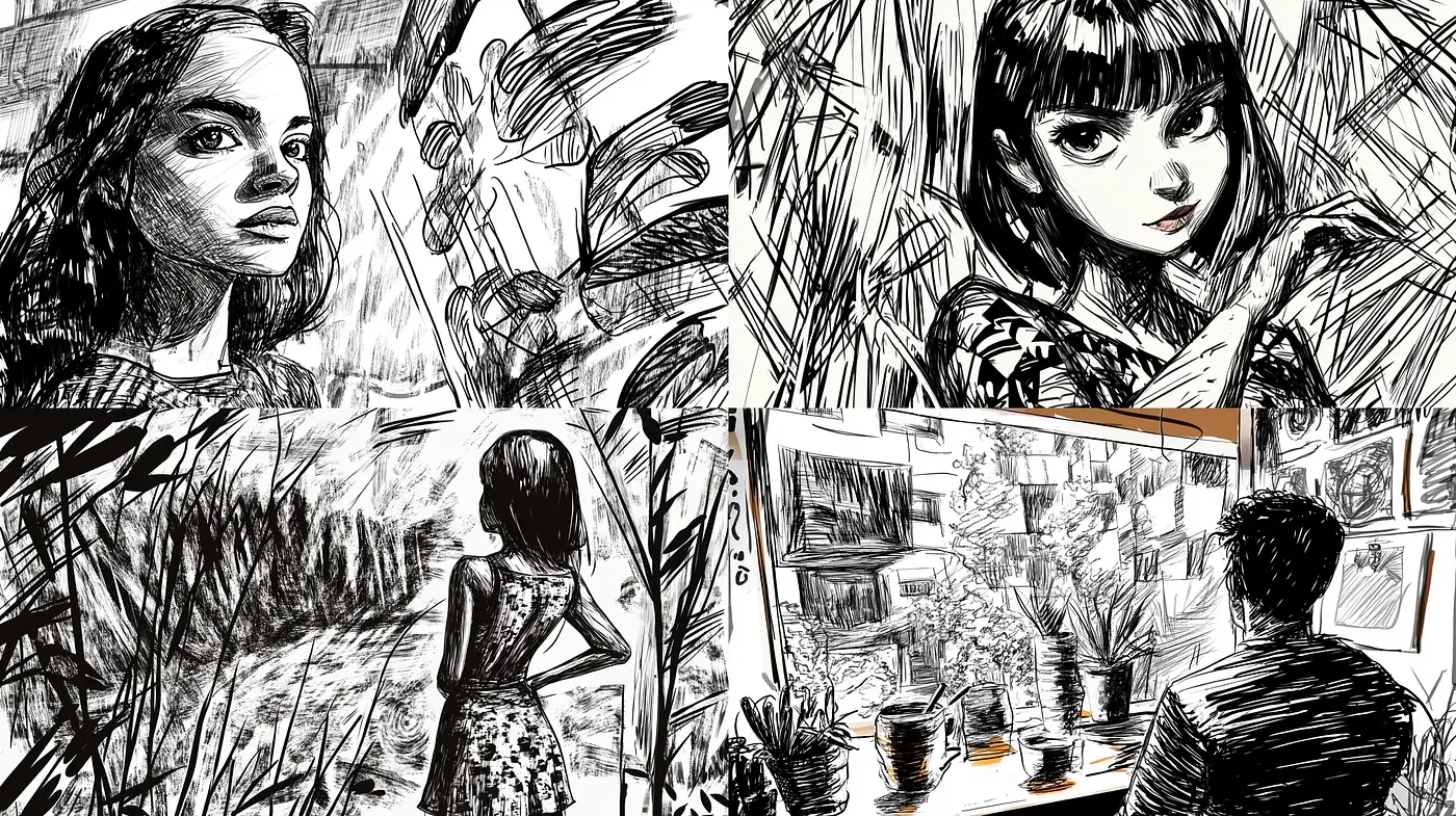 Monochrome Dynamic Sketchbook Expressions - Midjourney sref style