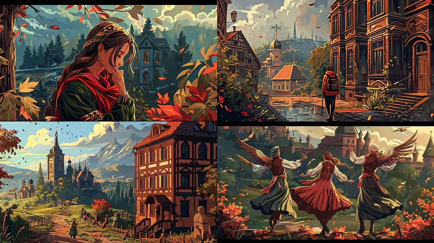 Warm Autumnal Hues in Stylized Pastoral Scenes - Midjourney sref style