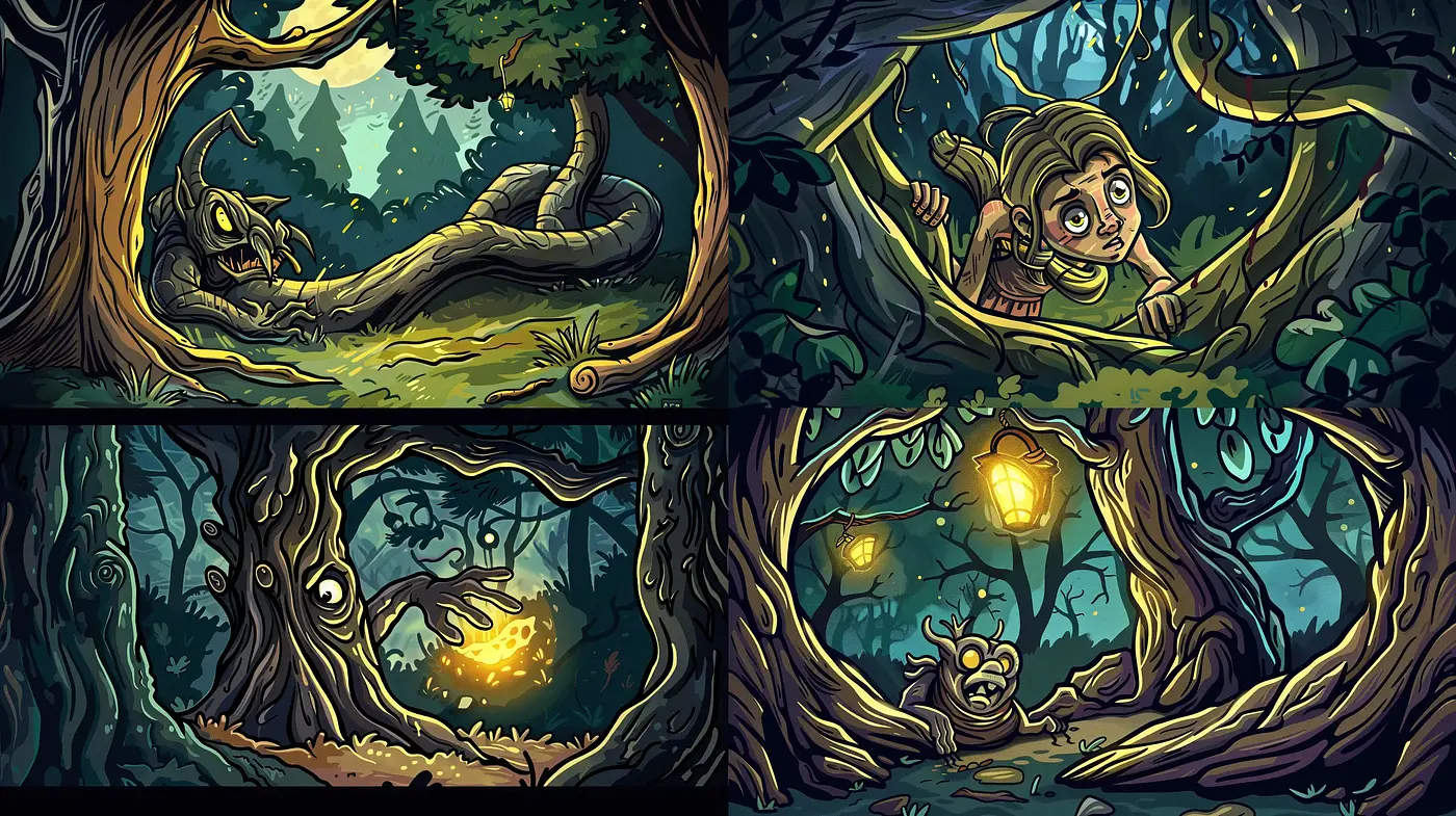 Enchanted Forest Whimsy: A Uniformly Stylized Tale across Four Frames - Midjourney sref style