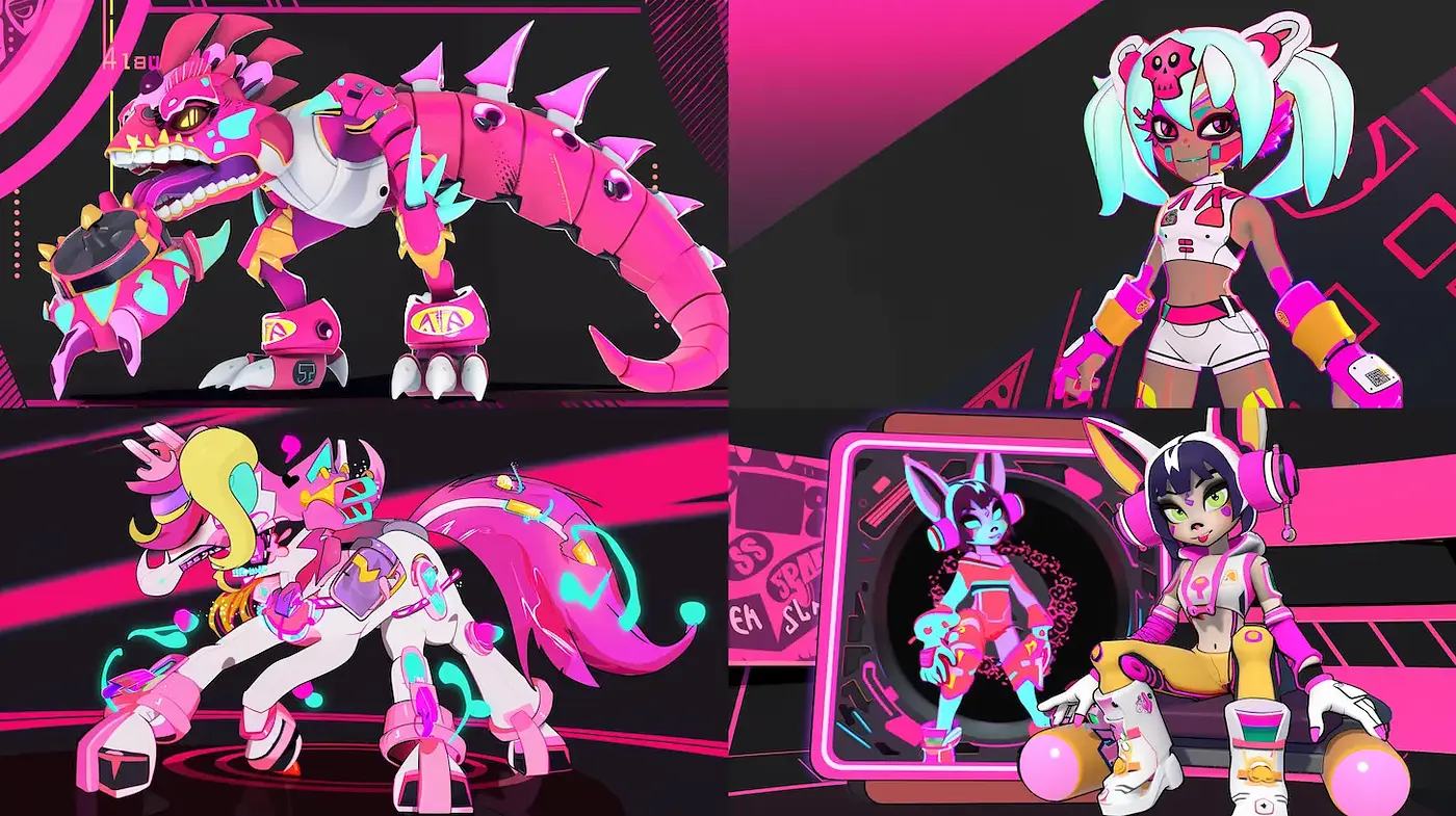 Vibrant Cyberpunk Aesthetic with Playful Character Designs - Midjourney sref style