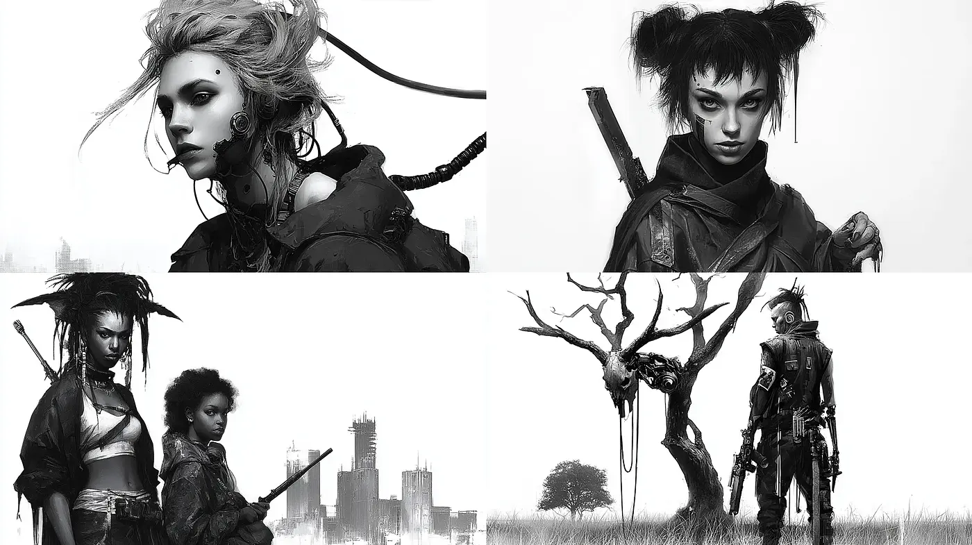 Futuristic and Gritty Cyberpunk Aesthetic with Striking Contrast - Midjourney sref style