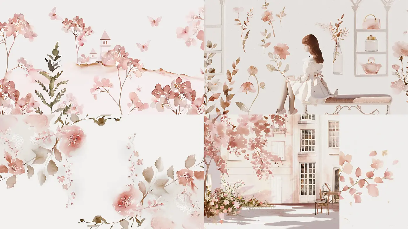 Ethereal Blossoms in Soft Watercolors: A Serene Pastoral Symphony - Midjourney sref style