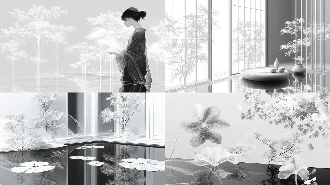 Monochromatic Serenity: A Harmonious Blend of Ink Wash and Digital Techniques - Midjourney sref style