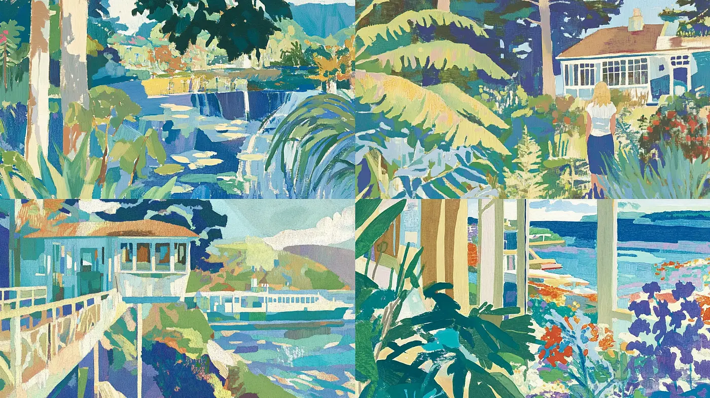 Idyllic Landscape Fusion with Textured Brushwork and Serene Palette - Midjourney sref style