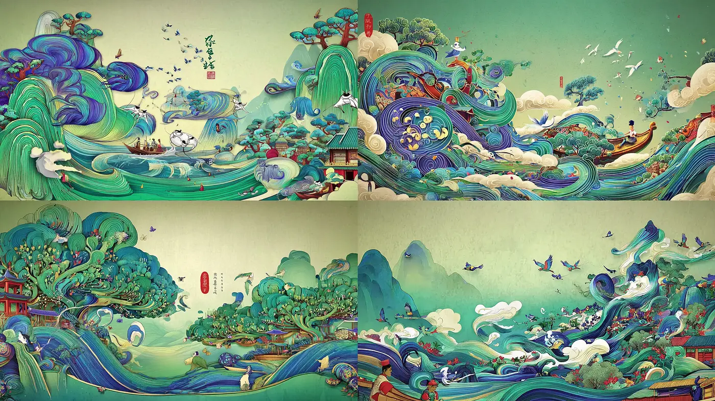 Dynamic and Harmonious Nature Scenes with Fluid Patterns - Midjourney sref style