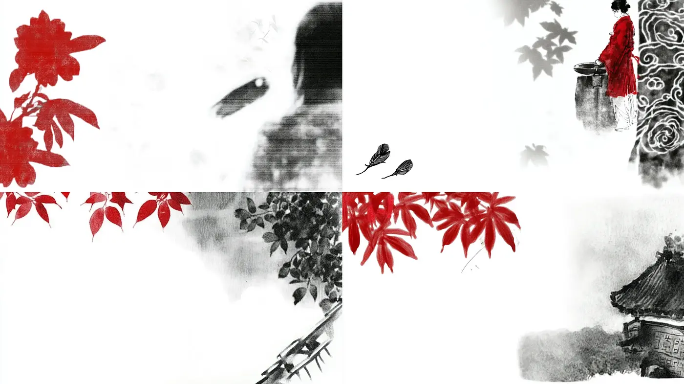 Monochromatic Dreams with a Touch of Red: A Blend of Ink Wash and Modern Minimalism - Midjourney sref style