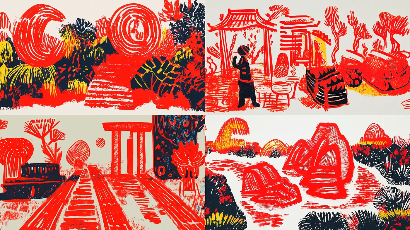 Stylized Red and Cream Block Print Visuals - Midjourney sref style