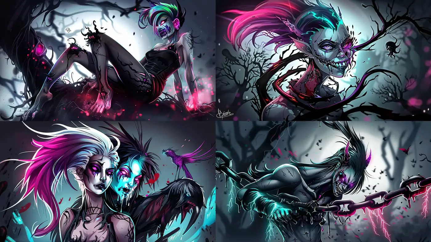 Pulsating Neon Macabre: A Fusion of Vivid Horror and Electrifying Fantasy - Midjourney sref style