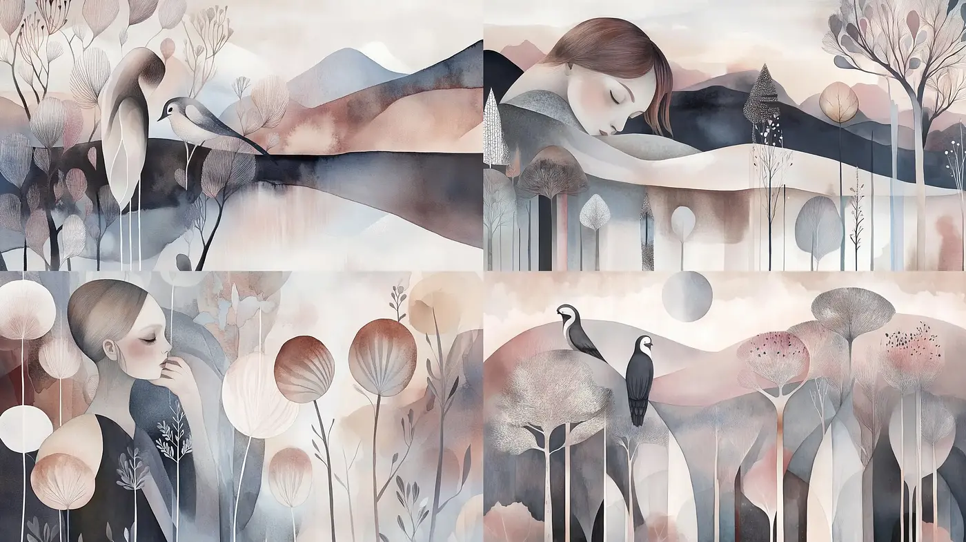 Whimsical Serenity in Washed Pastel Landscapes - Midjourney sref style