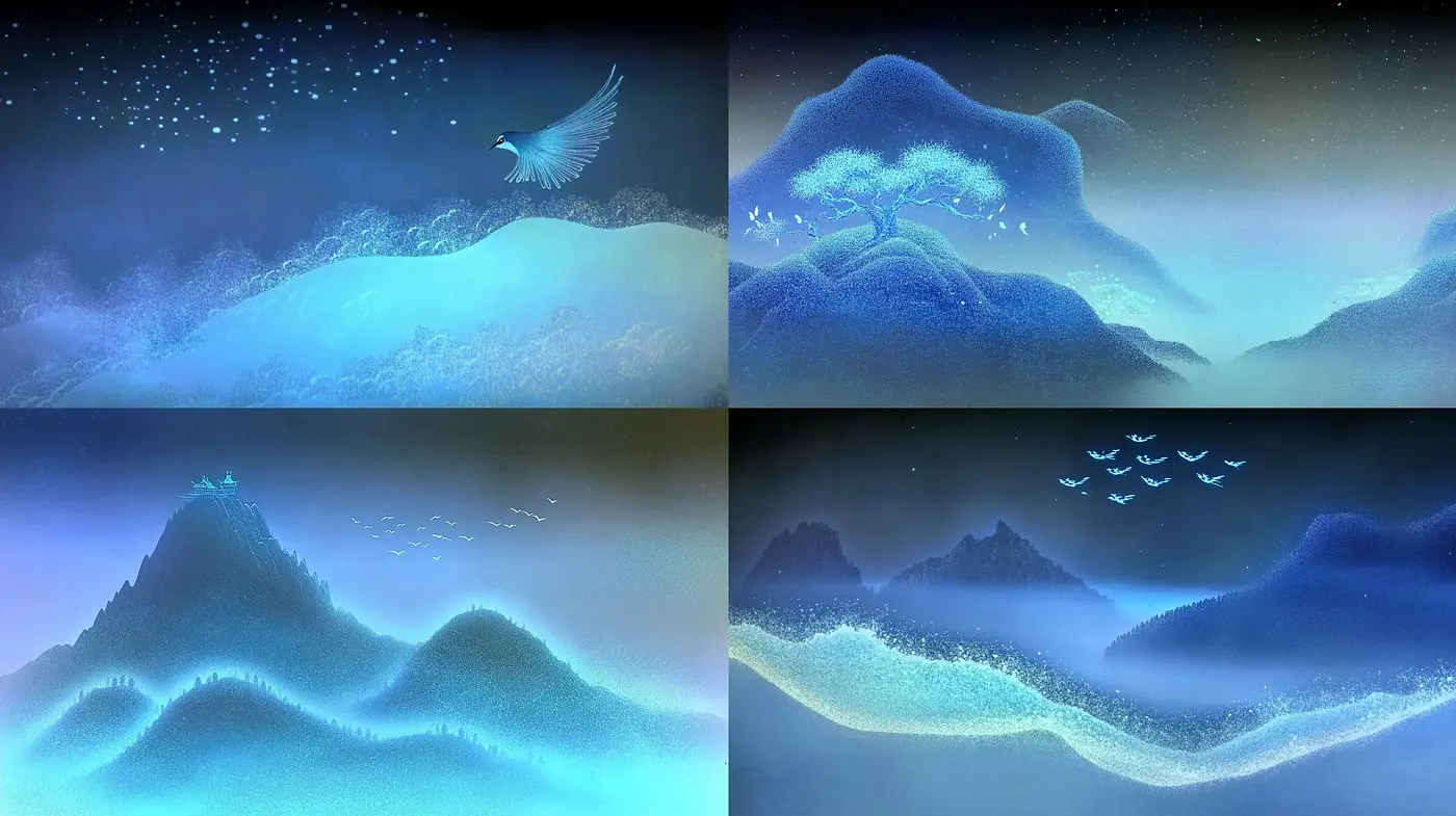 Ethereal Nocturnal Landscapes with Luminous Textures and a Dreamlike Ambiance - Midjourney sref style