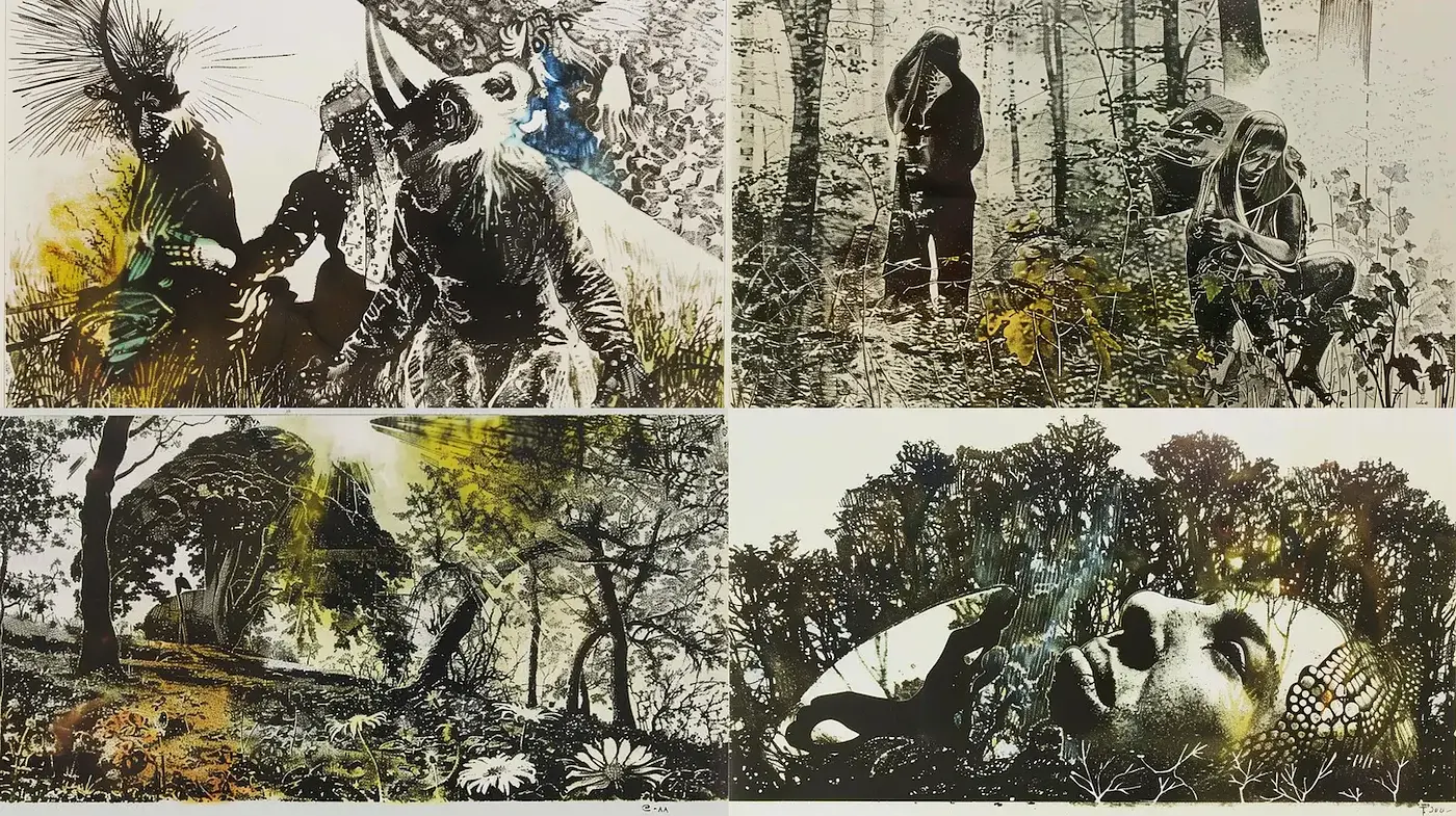 Eclectic Fusion of Nature and Surrealism in Monochromatic Landscapes - Midjourney sref style
