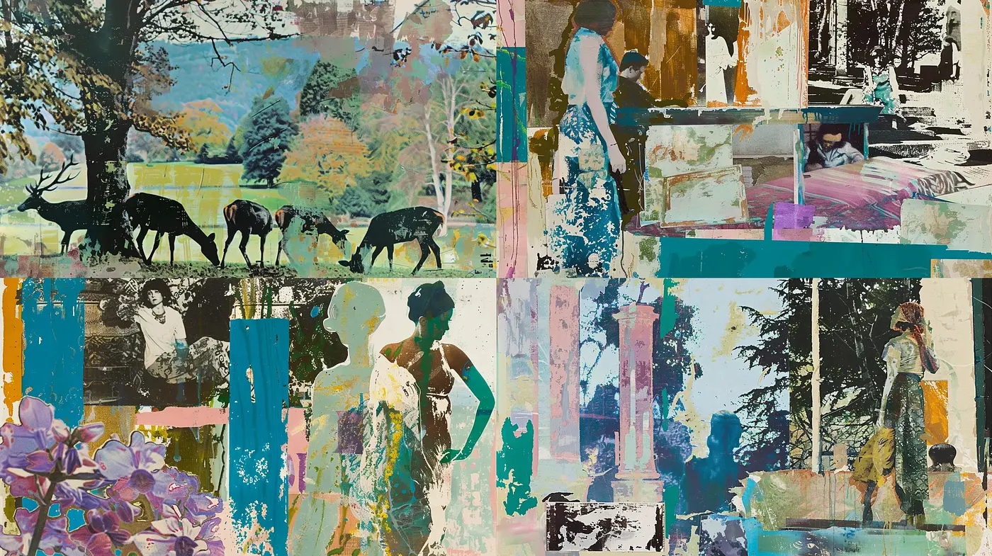 Abstract Pastoral Collage with Textured Overlays - Midjourney sref style