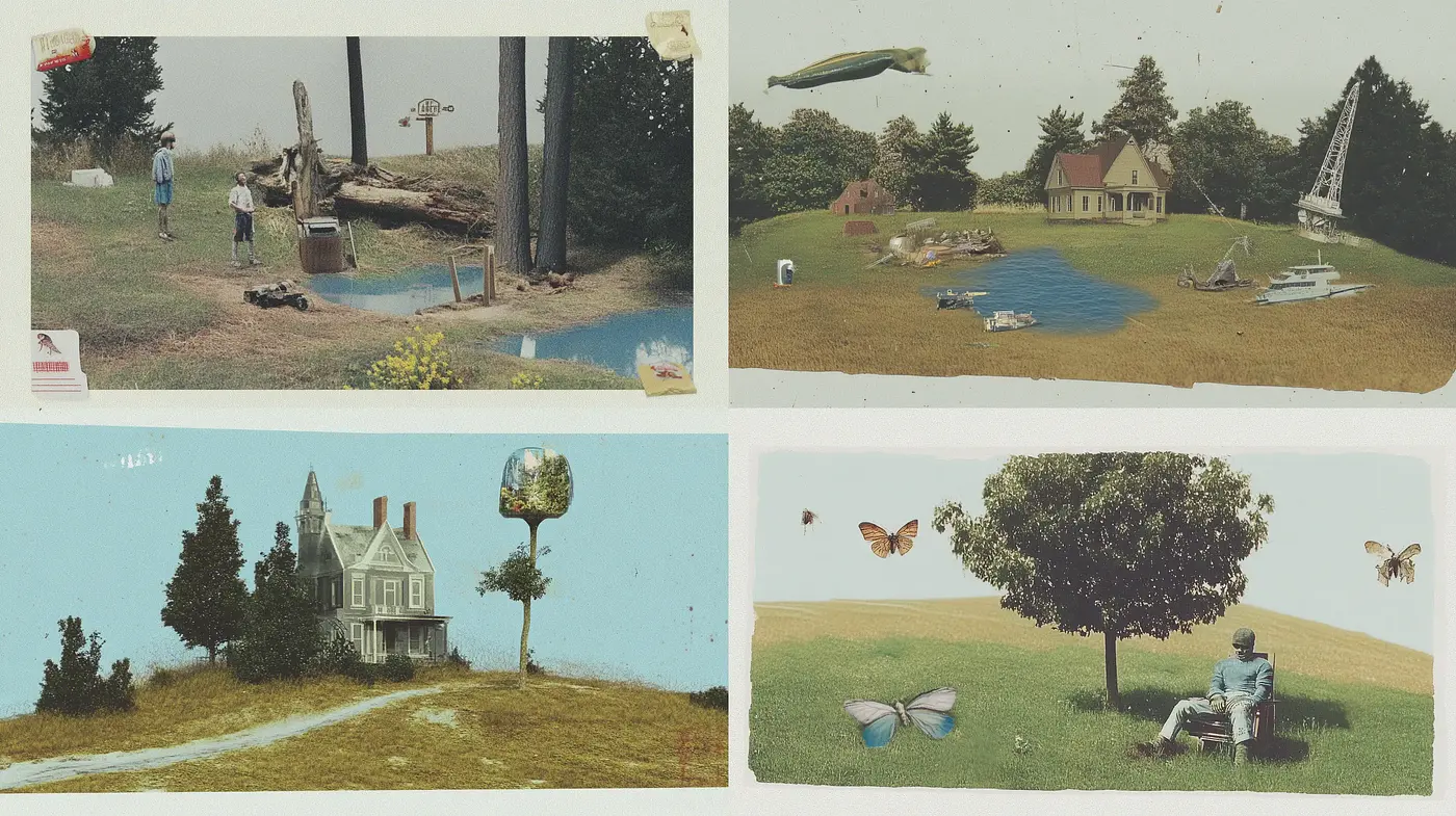 Nostalgic Whimsy in Surreal Landscapes: A Study in Sepia Tones and Dreamlike Scenery - Midjourney sref style