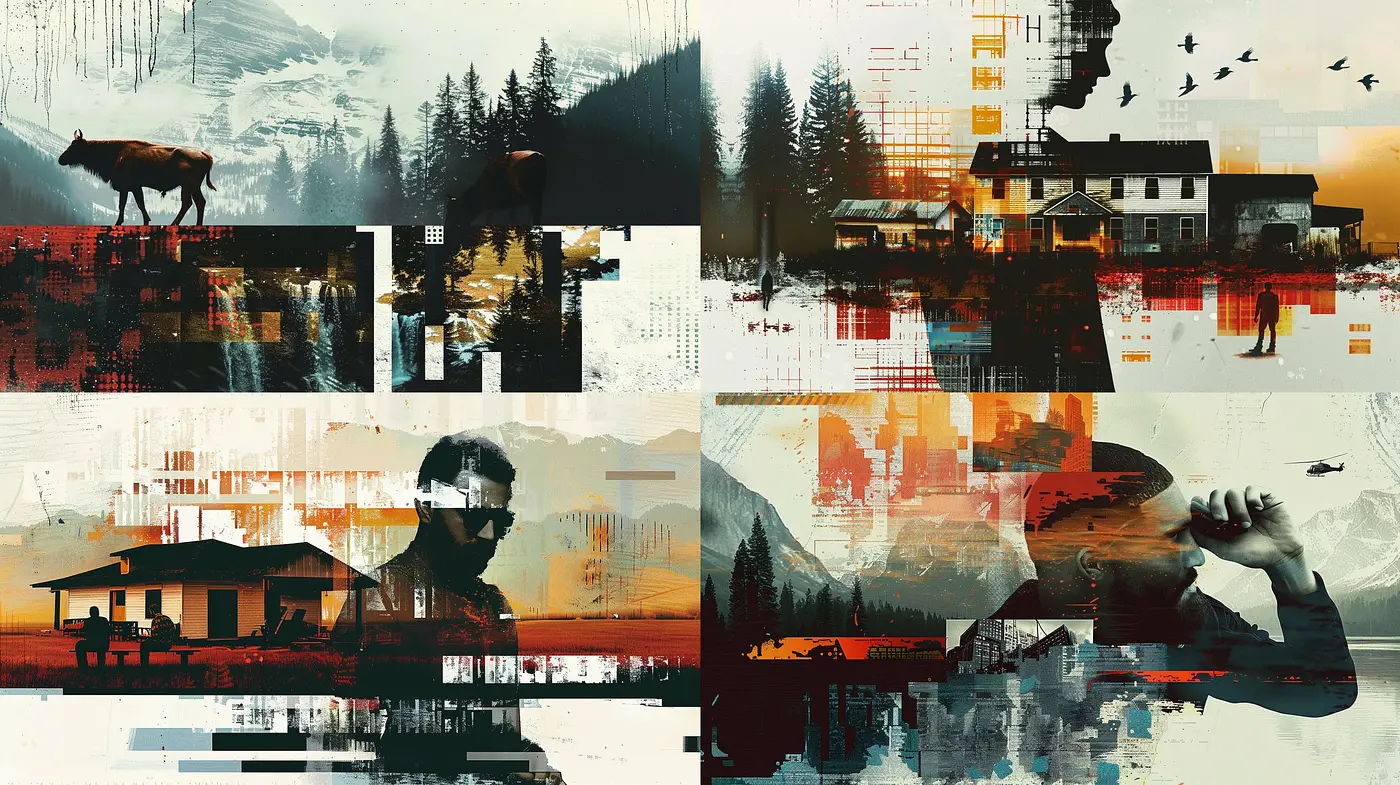 Fragmented Memories of a Glitchy Dusk: A Digital Collage Exploration - Midjourney sref style