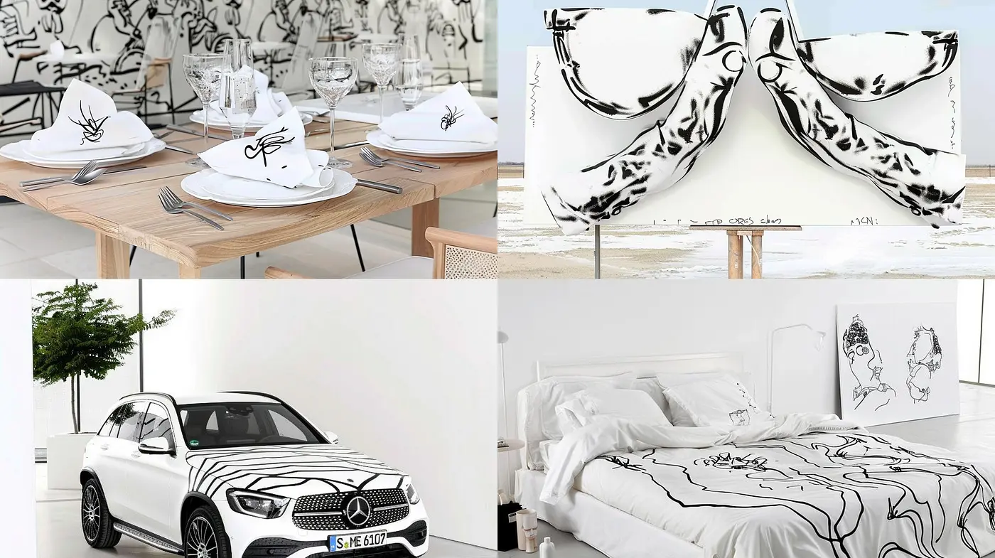 Monochromatic Elegance meets Abstract Fluidity: A Consistent Exploration Across Varied Subjects - Midjourney sref style