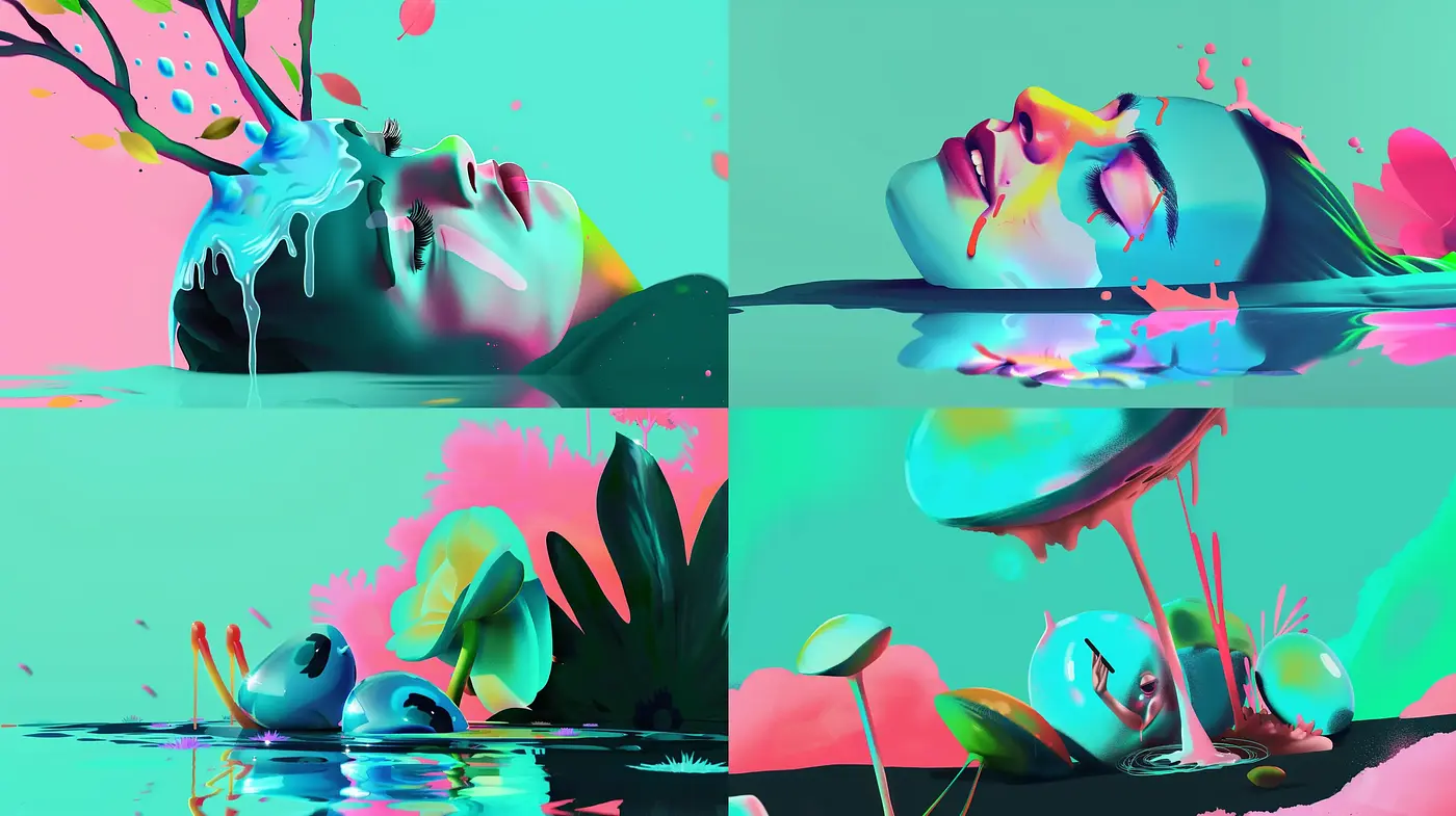 Surrealistic Dreamscape in Vivid Cyberturquoise Tones - Midjourney sref style