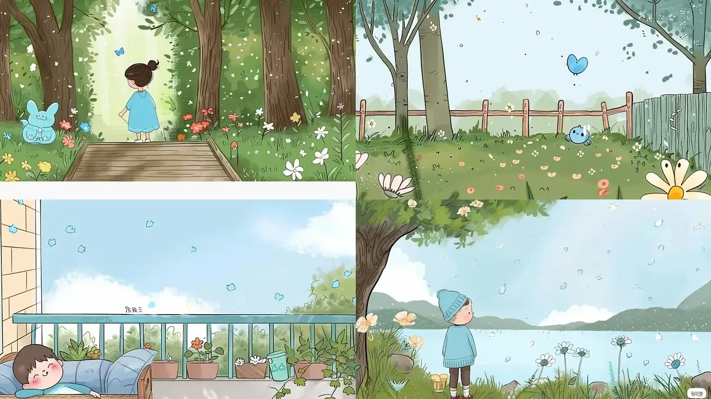 Whimsical and serene illustrations with vibrant natural elements - Midjourney sref style