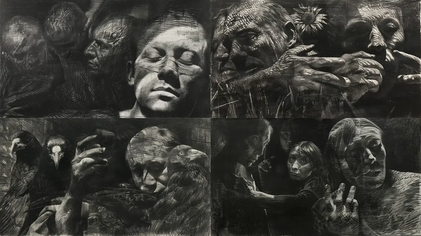 Monochromatic Tapestry of Human Emotions in Etched Textures - Midjourney sref style