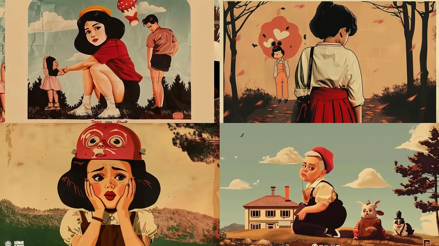 Nostalgic and Whimsical Illustrative Portraiture in Warm Tones - Midjourney sref style