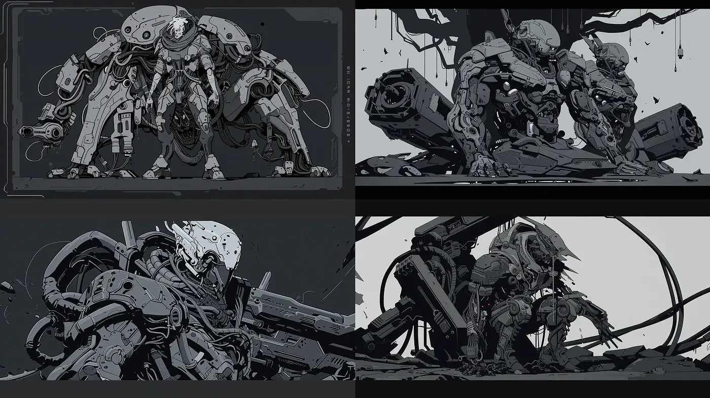 Monochromatic Mechanical Marvels: A Study in Grayscale Robotics - Midjourney sref style