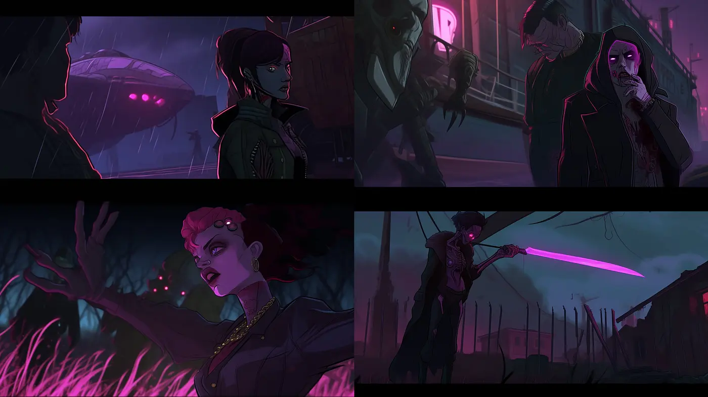 Nocturnal Cyberpunk Synthesis: Neon Glow and Shadow Interplay - Midjourney sref style