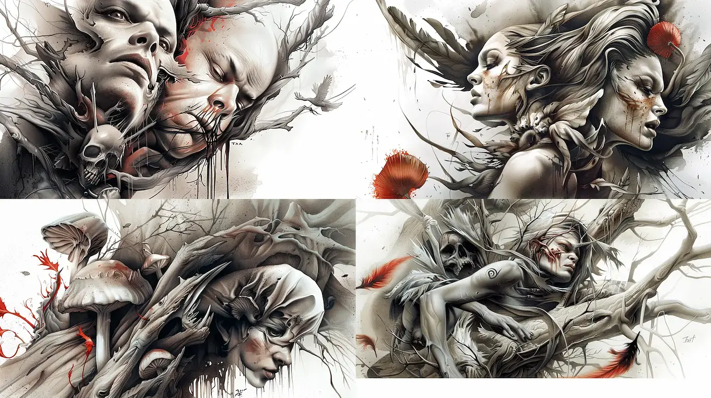 Eerie and ethereal surrealism with haunting organic elements - Midjourney sref style