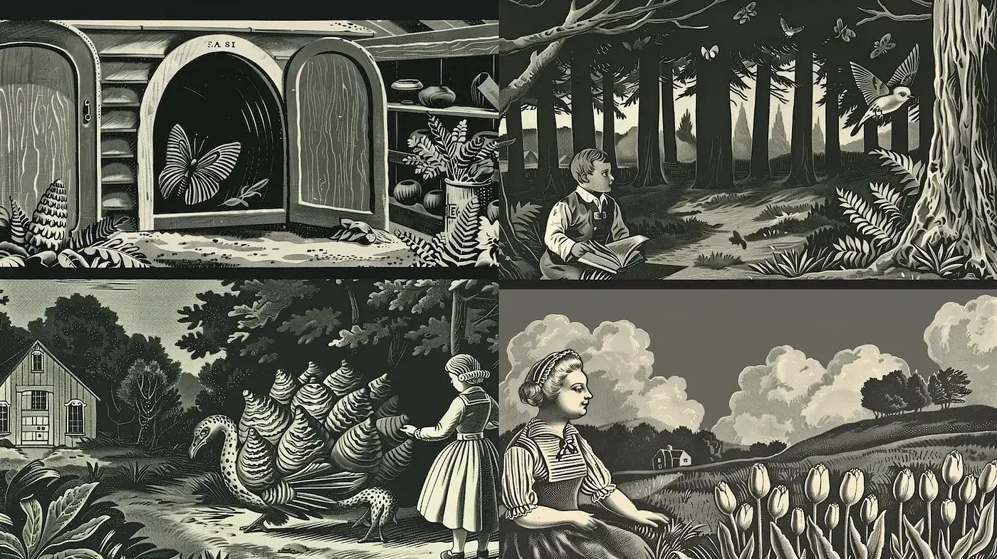 Whimsical and stylized illustration with a nostalgic atmosphere - Midjourney sref style