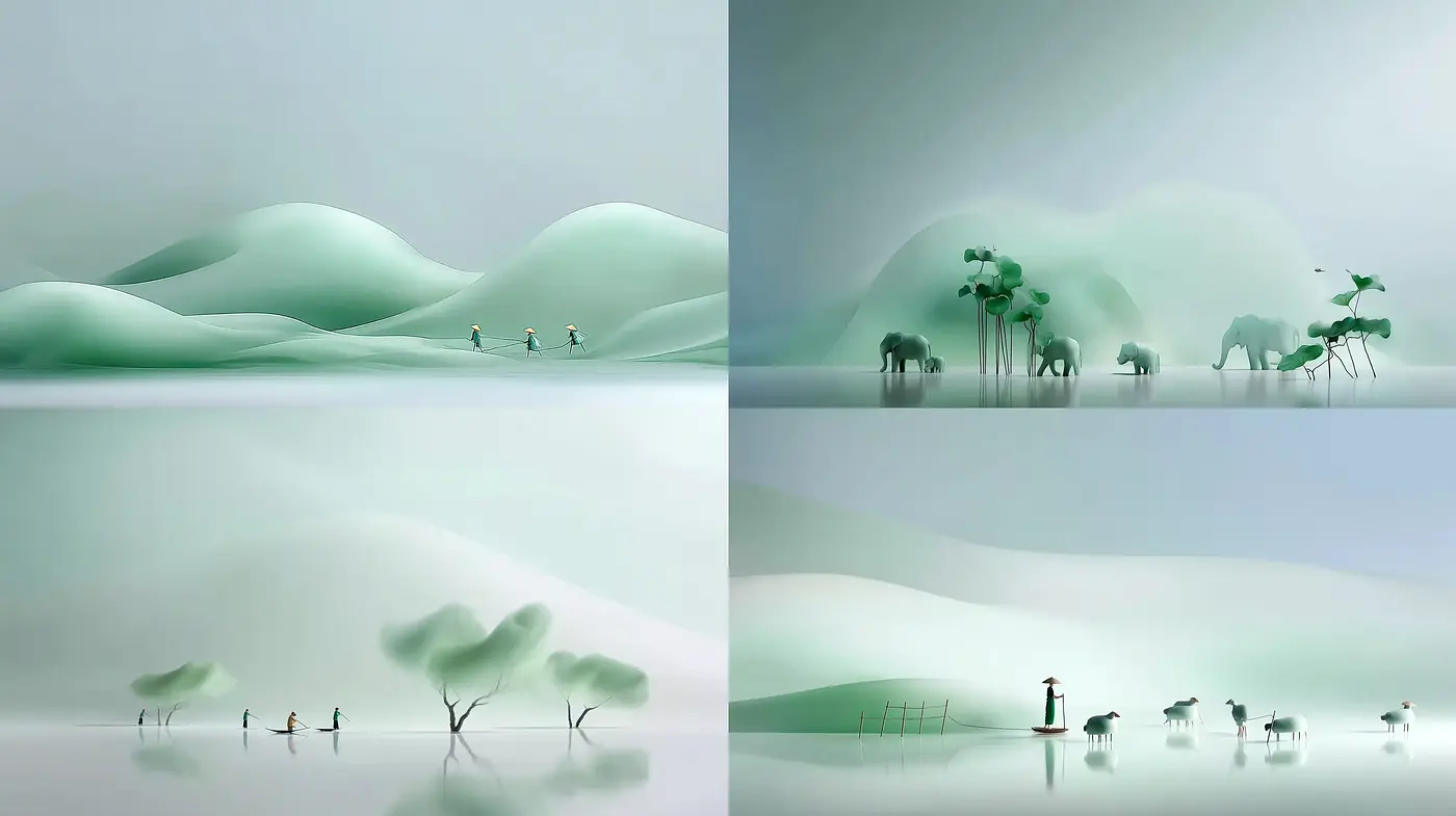 Serene Minimalist Landscapes with Soft Gradients and Natural Forms - Midjourney sref style